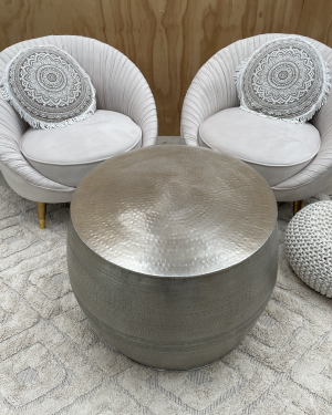 silver metal drum coffee table