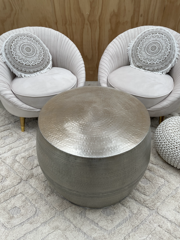 silver metal drum coffee table