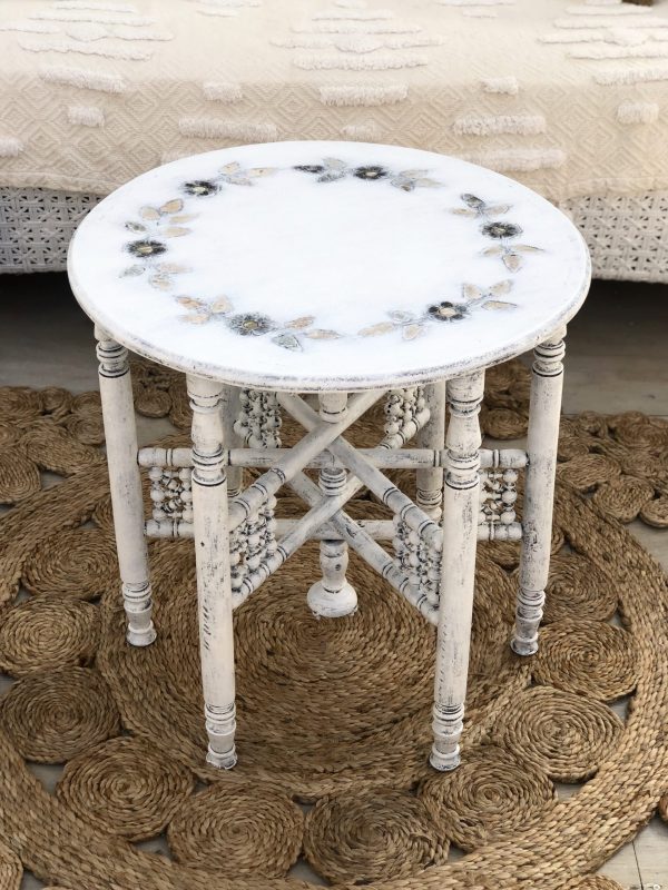 white shell inlay side table for rent